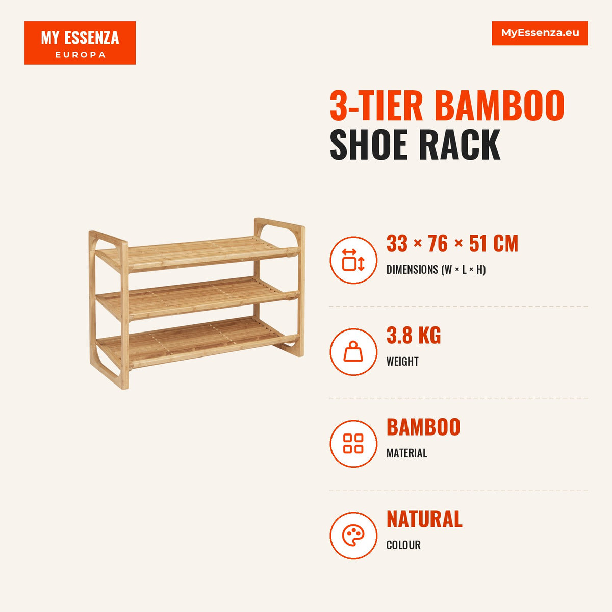 Sapateira de Bambu de 3 Níveis Sapateira para 9 Pares de Sapatos Organizador para Entrada Corredor Casa de Banho 76x33x51 cm Madeira — Infografia | Infographic — dimensions