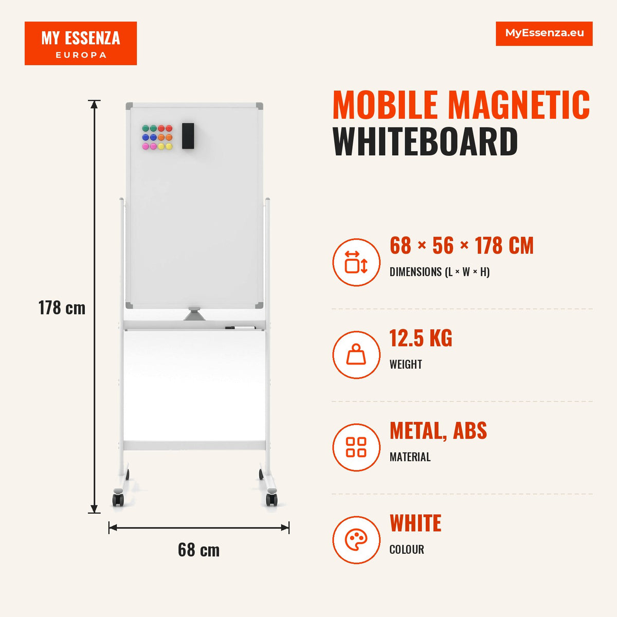 Quadro Branco Móvel Magnético 60x90cm Dupla Face com Suporte Rodas Rotação 360° Altura Ajustável 151-178cm — Infografia | Infographic — dimensions