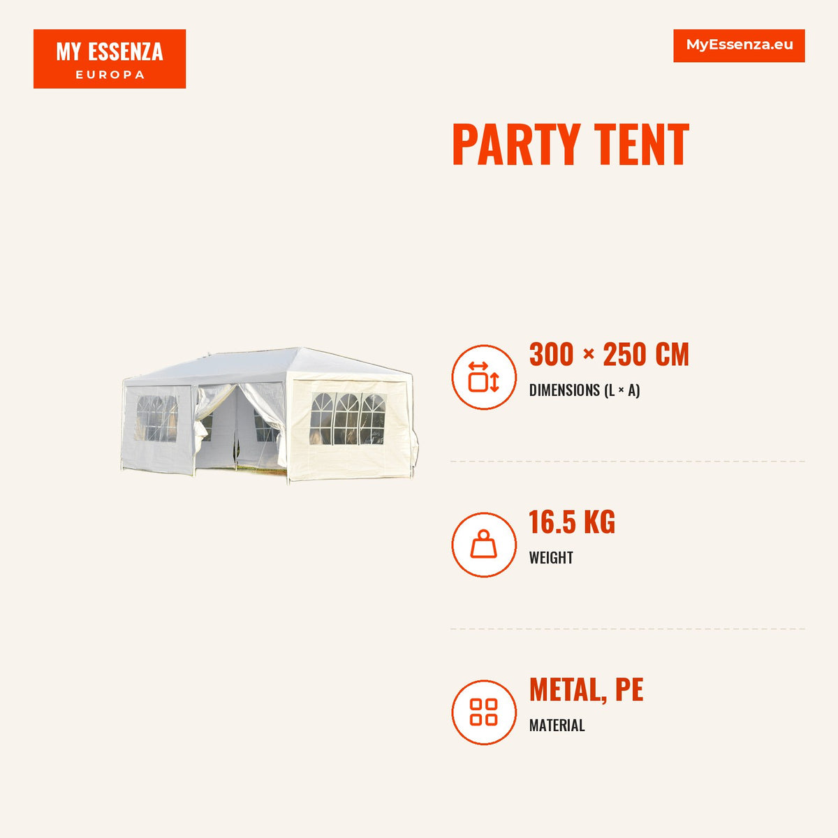Tenda para Festas 6x3 Tenda de Jardim com 2 Portas 4 Paredes Laterais Removíveis e 4 Janelas para Exterior Eventos Casamentos Branco — Infografia | Infographic — dimensions