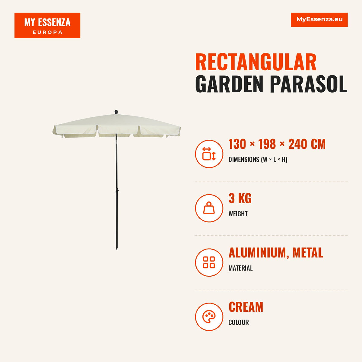 Chapéu de Sol Retangular de Jardim 198x130x240cm Chapéu de Sol de Alumínio com Função de Inclinação para Terraço Pátio Exterior Creme — Infografia | Infographic — dimensions