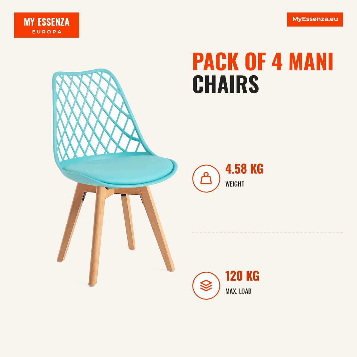 Pack 4 Cadeiras Mani — Água-marinha — Infografia | Infographic — dimensions