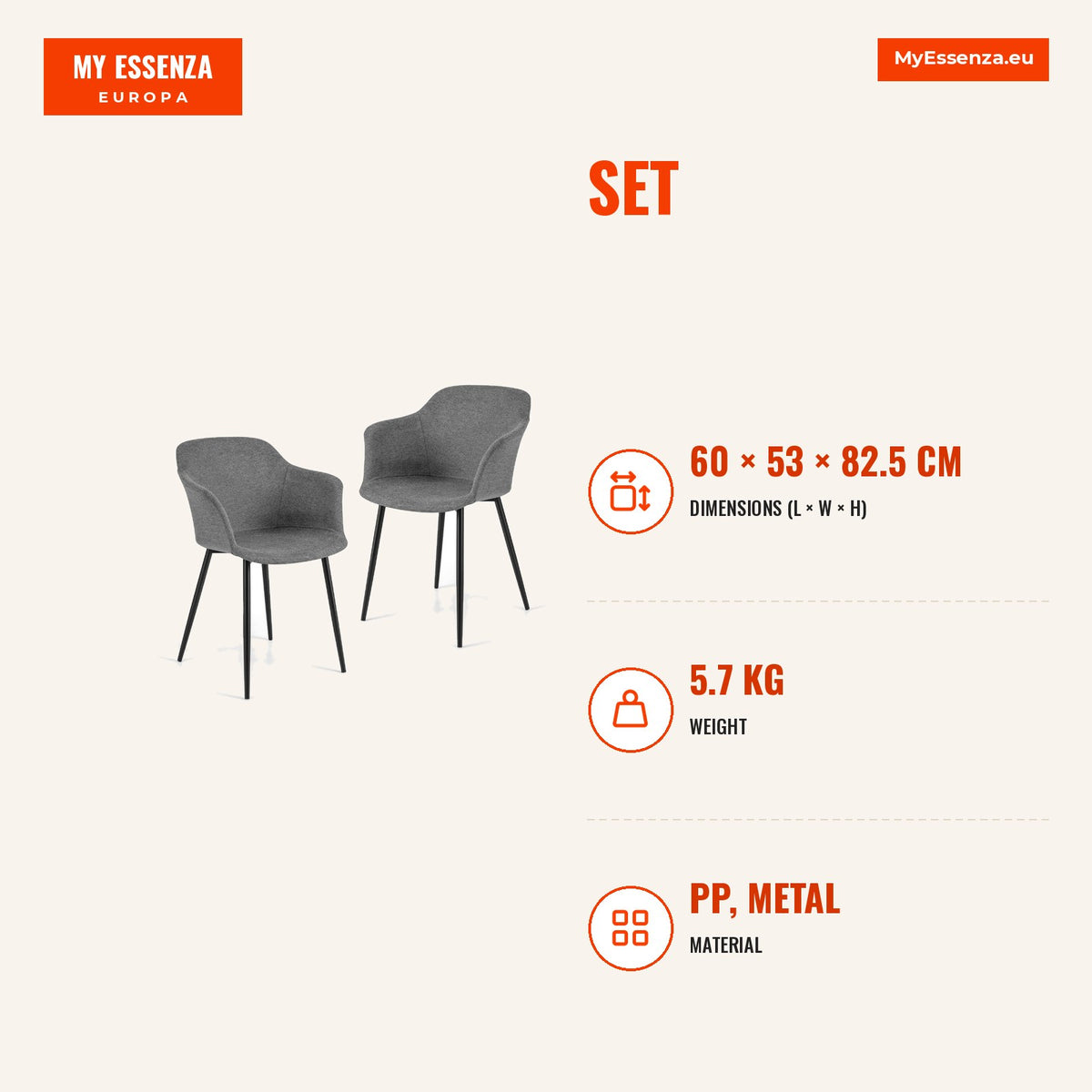 Conjunto 2 Cadeiras Estofadas Sala Jantar Encosto Ergonómico 60x53x82,5cm — Infografia | Infographic — dimensions