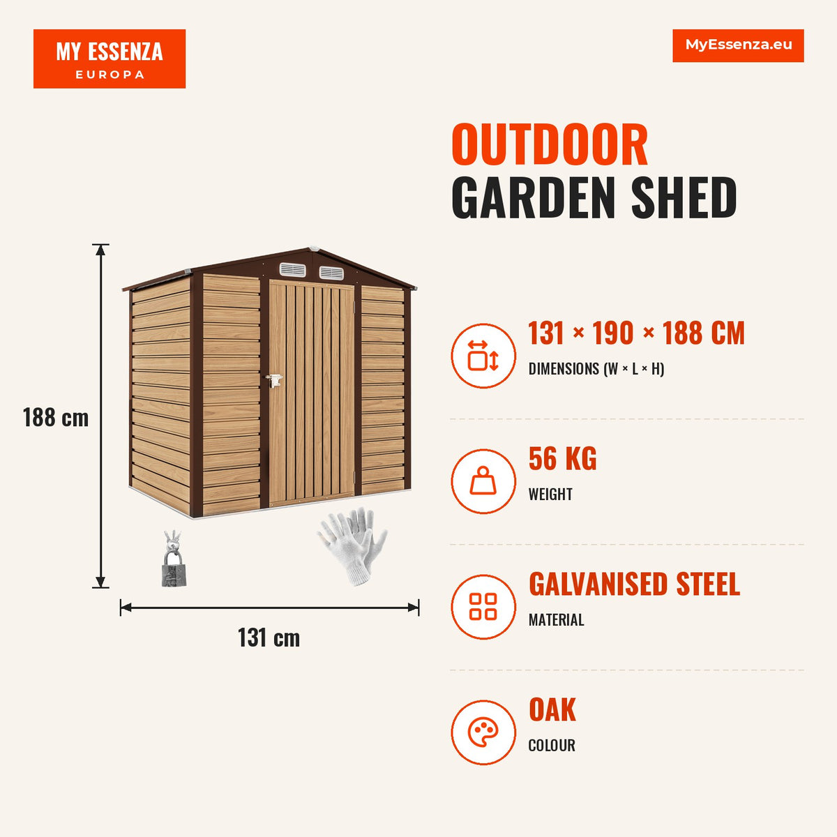 Casota de Jardim Exterior, 2,27 m² 190x131x188 cm, Abrigo Metálico de Jardim com 2 Ventilações, Porta com Fechadura, para Armazenamento de Ferramentas — Infografia | Infographic — dimensions