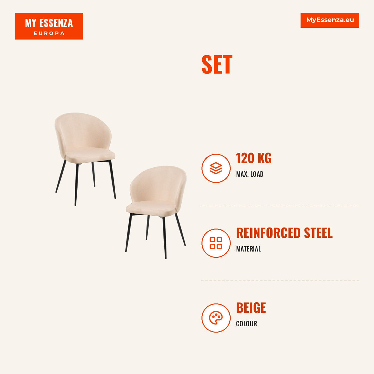 Pack 2 Cadeiras Moka Tecido — Beige — Infografia | Infographic — dimensions