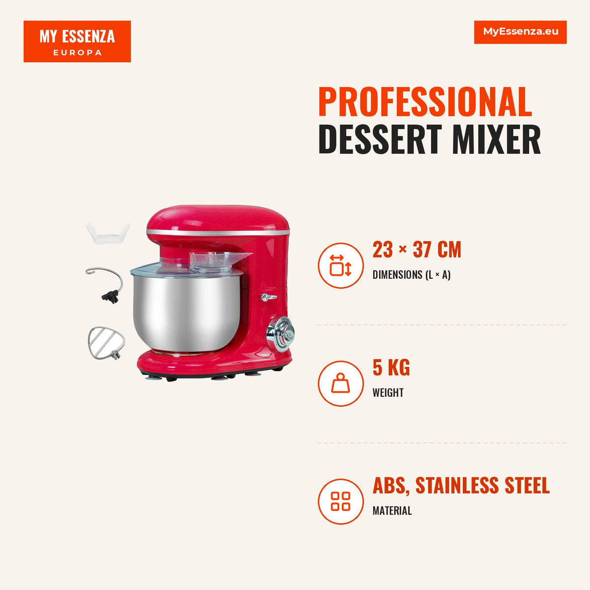 Batedeira para Sobremesa Profissional 1200W Batedeira de Cozinha com 6 Velocidades Taça de Aço Inoxidável de 5,5L e 3 Acessórios Incluidos 37x23x37cm  — Infografia | Infographic — dimensions