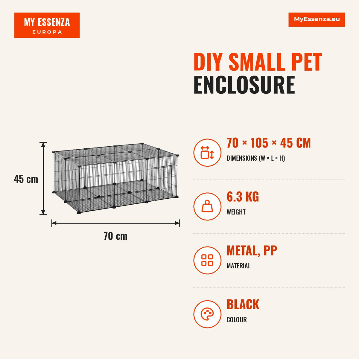 Recinto para Animais de Estimação DIY Recinto para Pequenos Animais com 22 Painéis e Porta Recinto Modular para Coelhos 105x70x45 cm Preto — Infografia | Infographic — dimensions