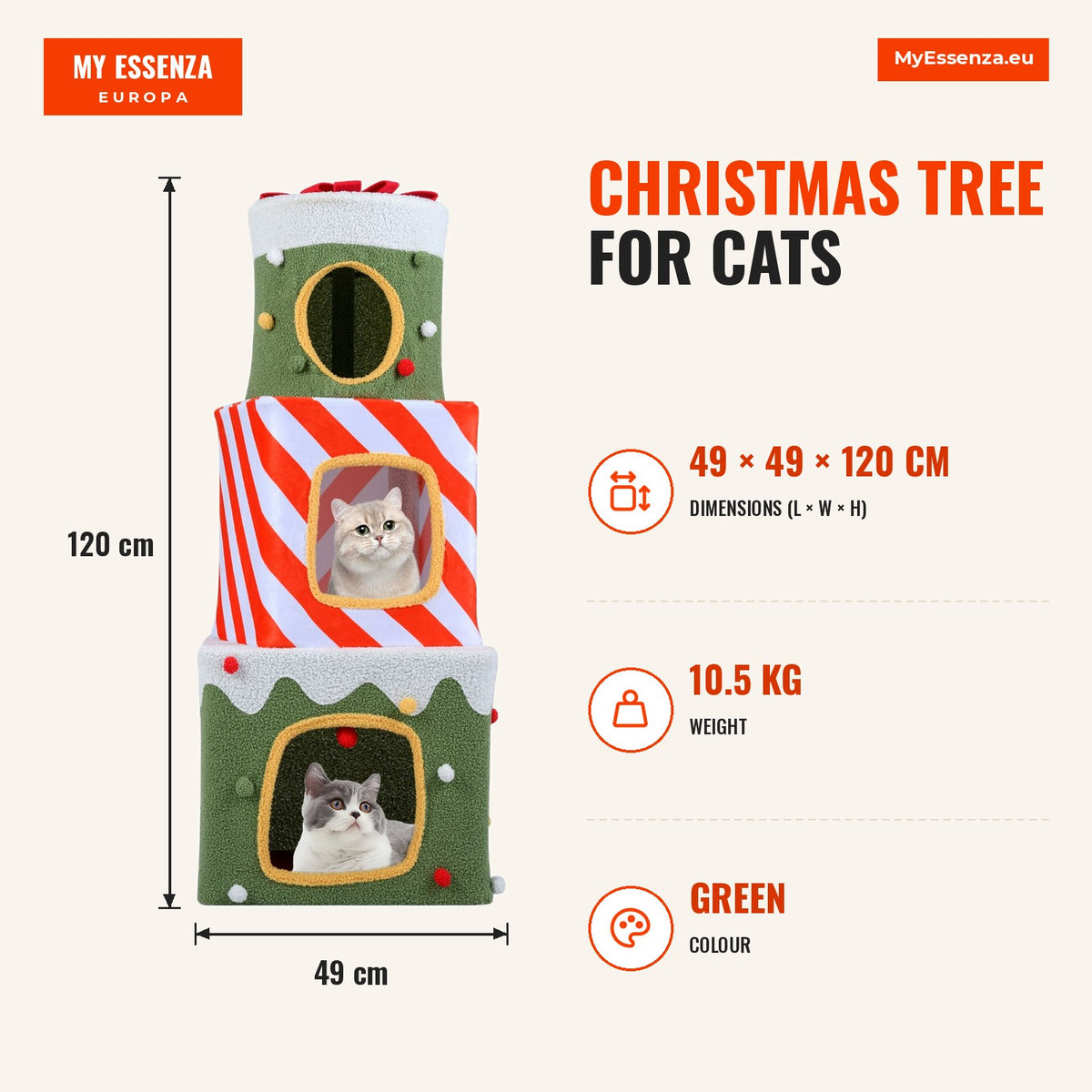 Árvore de Natal para Gatos 120 cm Torre Escalada 3 Andares Verde — Infografia | Infographic — dimensions