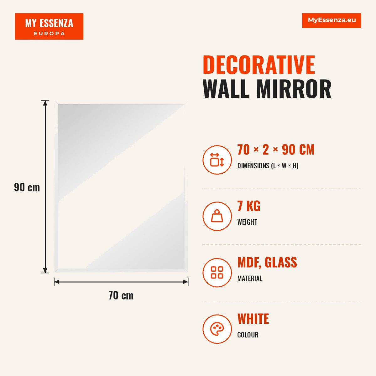 Espelho de Parede Decorativo 70x90 cm Espelho Retangular Espelho de Casa de Banho com 4 Ganchos Metálicos Estilo Moderno para Sala Quarto Entrada Bran — Infografia | Infographic — dimensions