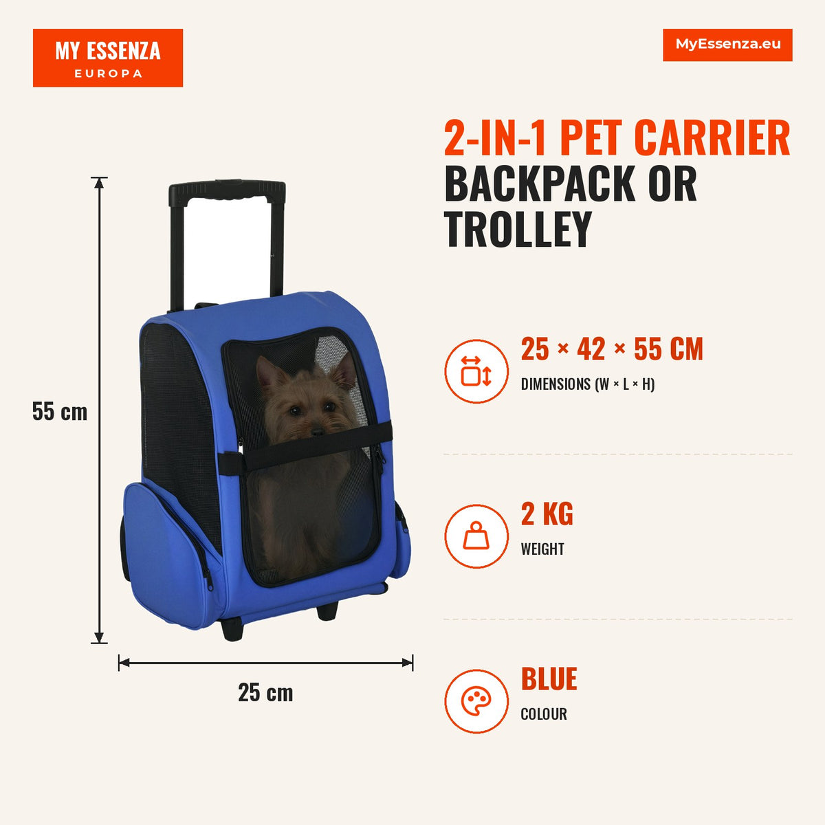 Transportadora 2 em 1 para Animais de Estimação Mochila ou Carrinho de Viagem para Cães e Gatos com 2 Rodas Alça Retrátil de Alumínio e Bolso de Armaz — Infografia | Infographic — dimensions