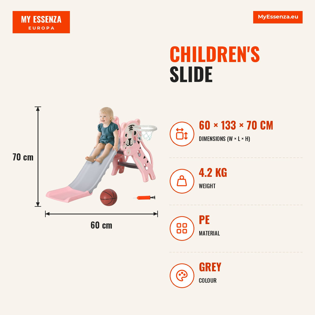 Escorrega para Crianças 2 em 1 Escorrega para Crianças de 18 a 36 Meses com 2 Degraus Cesta de Basquetebol e Desenho de Tigre para Interior 133x60x70  — Infografia | Infographic — dimensions