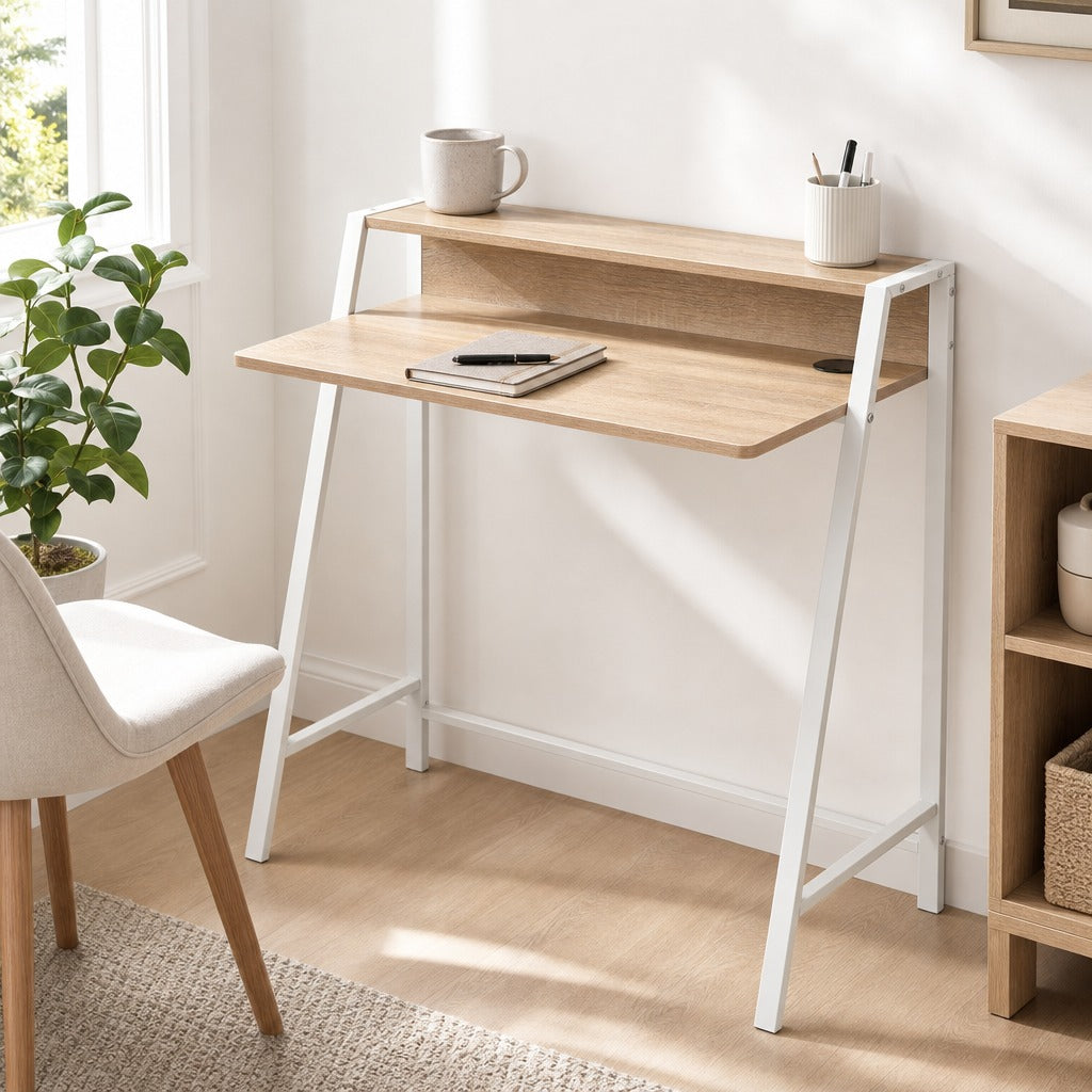 Mesa de Computador 84x45x85cm com Bancada de Madeira e Pés de Metal Carvalho e Branco — Ambiente | Lifestyle