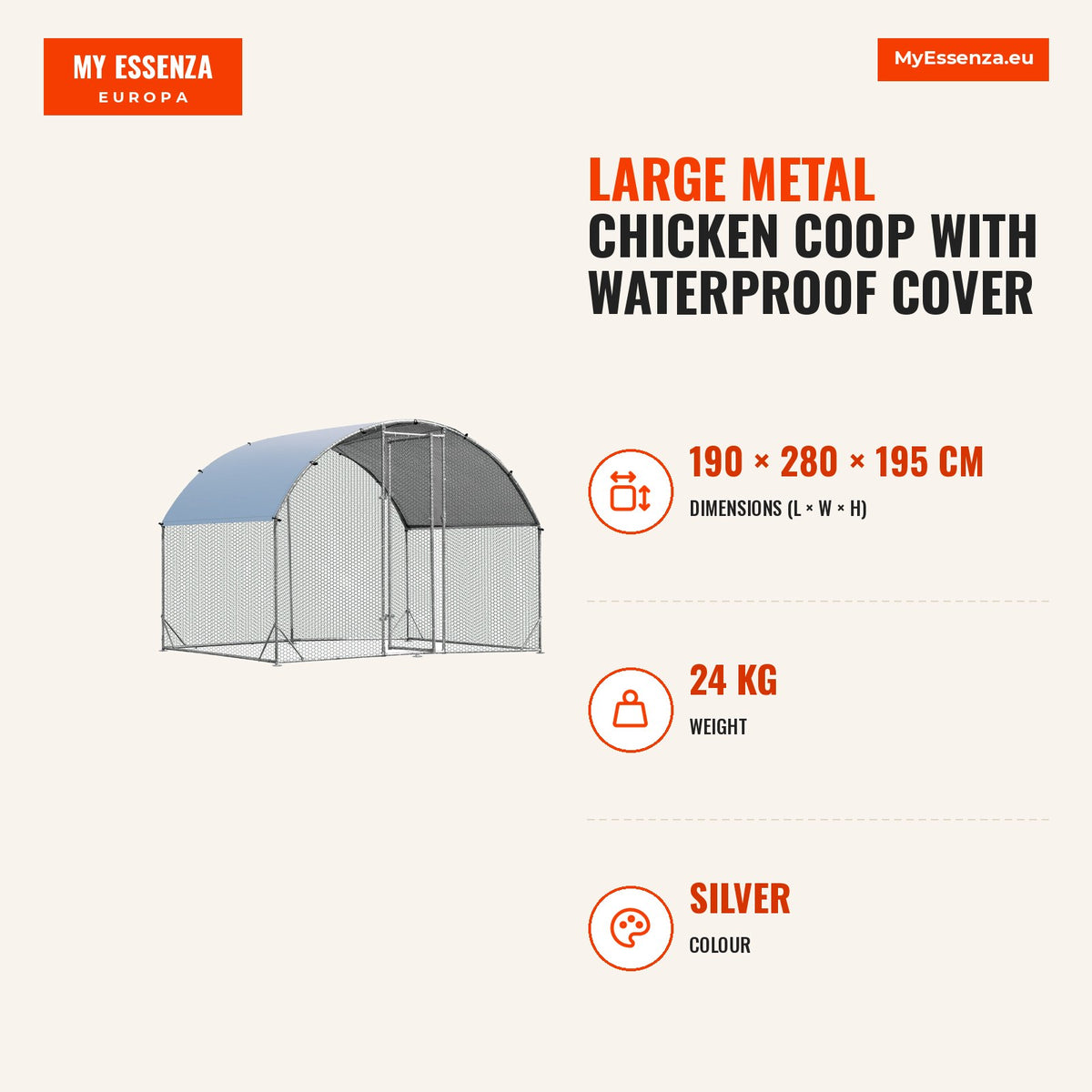 Galinheiro Grande em Metal com Cobertura Impermeável e Porta com Fecho 190 x 280 x 195 cm Prateado — Infografia | Infographic — dimensions