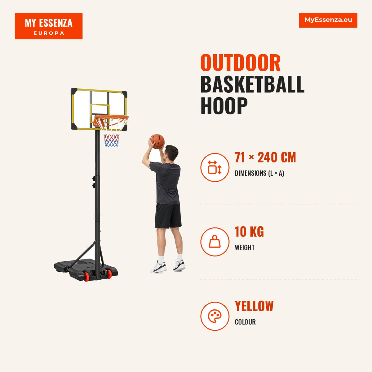Cesta de Basquetebol Exterior, Altura Ajustável 178-208 cm, Cesta de Basquetebol Portátil com Painel Resistente, Rodas e Base Recarregável com Compart — Infografia | Infographic — dimensions
