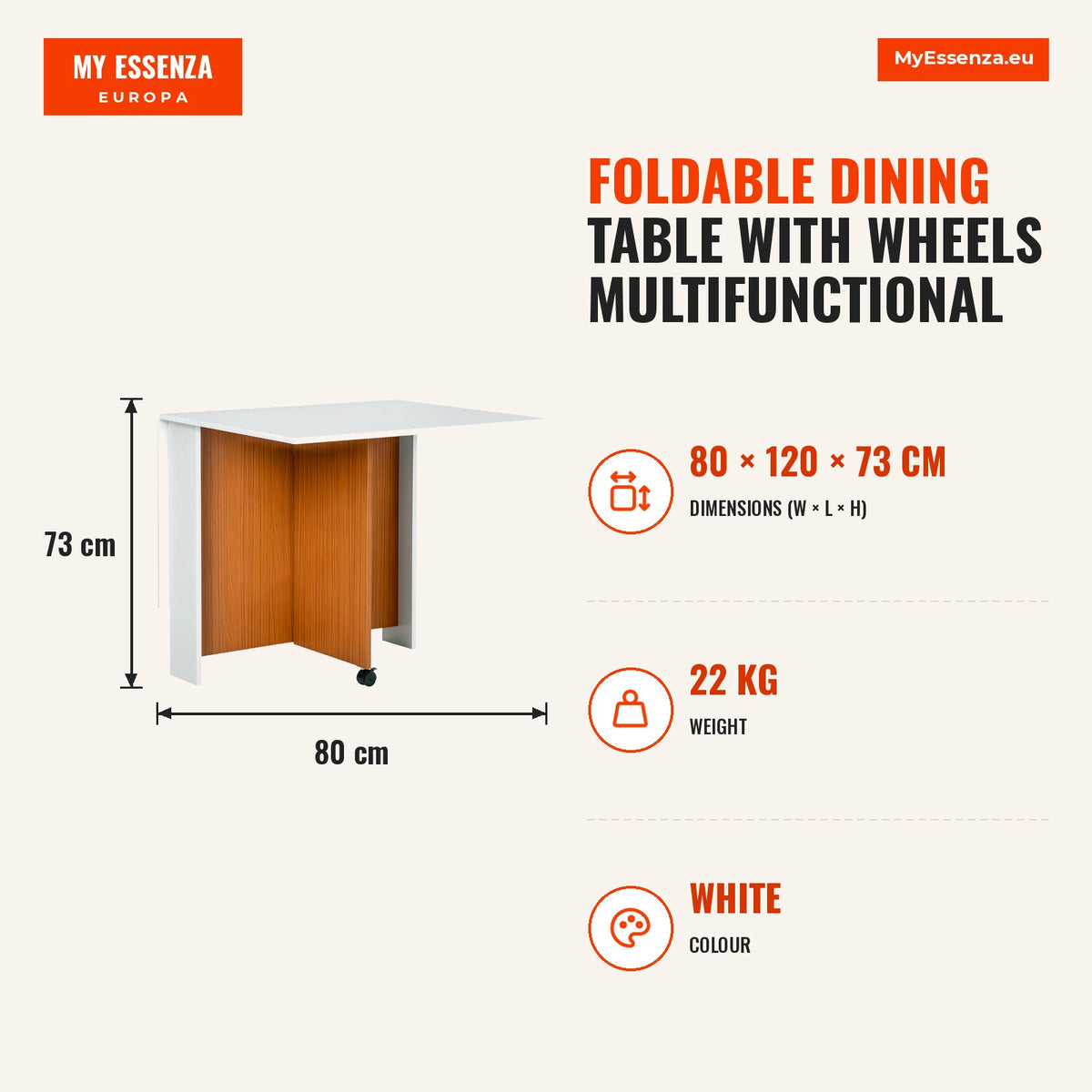 Mesa de Sala de Jantar Dobrável com Rodas Mesa Multifuncional para Sala de Jantar com 3 Formas 120x80x73cm Branco e Madeira — Infografia | Infographic — dimensions