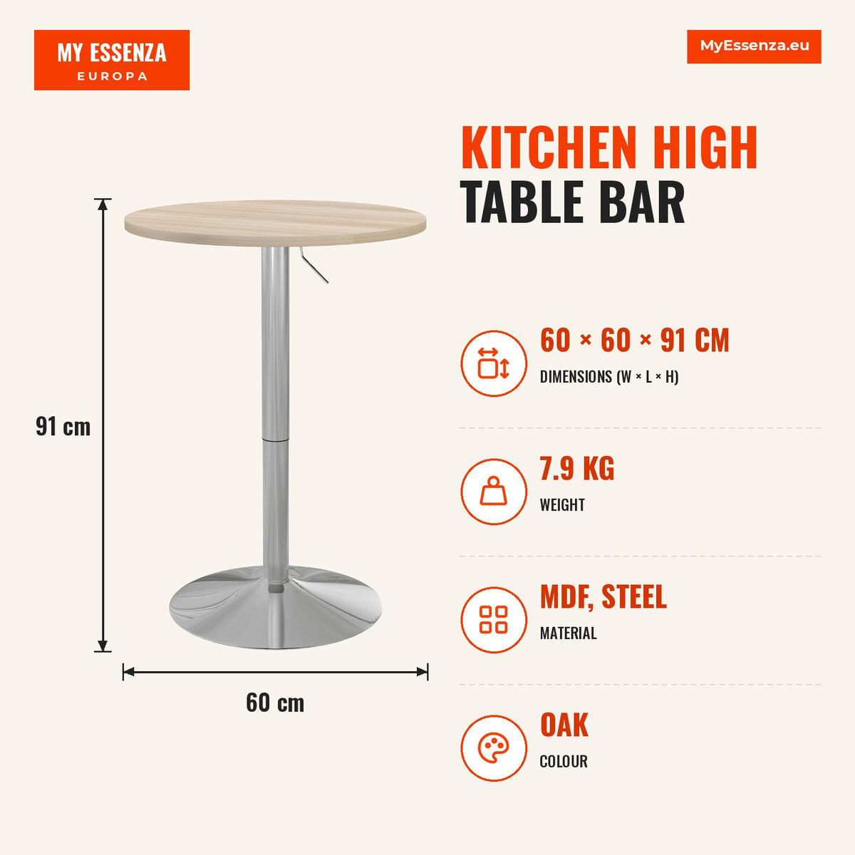 Mesa Alta de Cozinha Mesa Alta de Bar Redonda para 2 Pessoas Altura Ajustável 69-91 cm Tampo Giratório 360° Base de Aço para Sala Sala de Jantar Cozin — Infografia | Infographic — dimensions