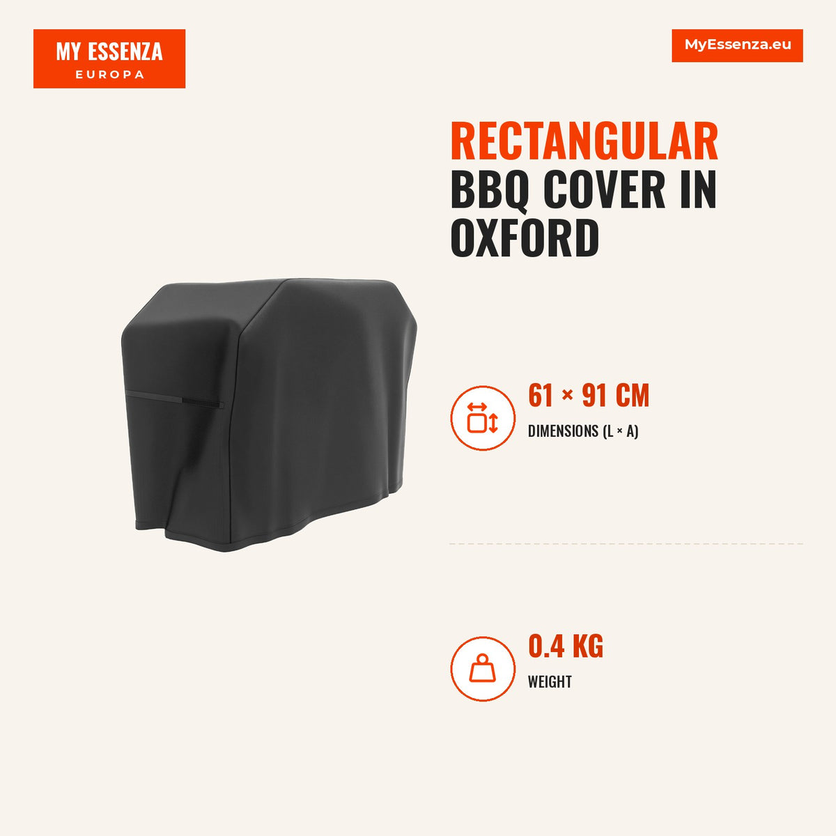 Capa para Churrasqueira Retangular em Tecido Oxford 420D Anti-UV Impermeável Antipó com Cordão 124x61x91 cm Preto — Infografia | Infographic — dimensions