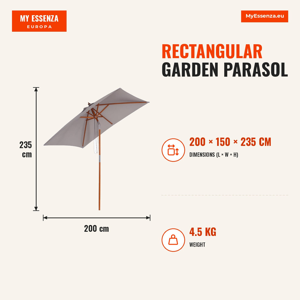 Chapéu de Sol de Jardim 200x150x235cm Chapéu de Sol Retangular Inclinável com Polia Duplo Teto e Mastro Desmontável de Madeira para Terraço Pátio Cinz — Infografia | Infographic — dimensions