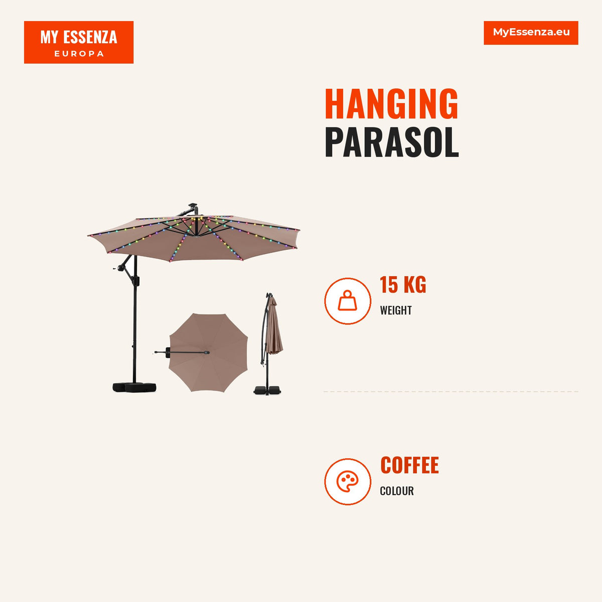 Sombrinha Suspensa 300x260 cm com LED 96 Luzes 9 Modos Rotação 360° — Infografia | Infographic — dimensions