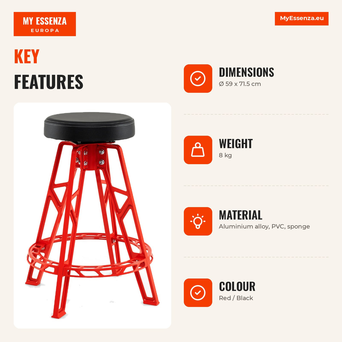 Taburete Mecânico Alto Giratório 360° com Assento Acolchado e Repousapés — Infografia | Infographic — dimensions