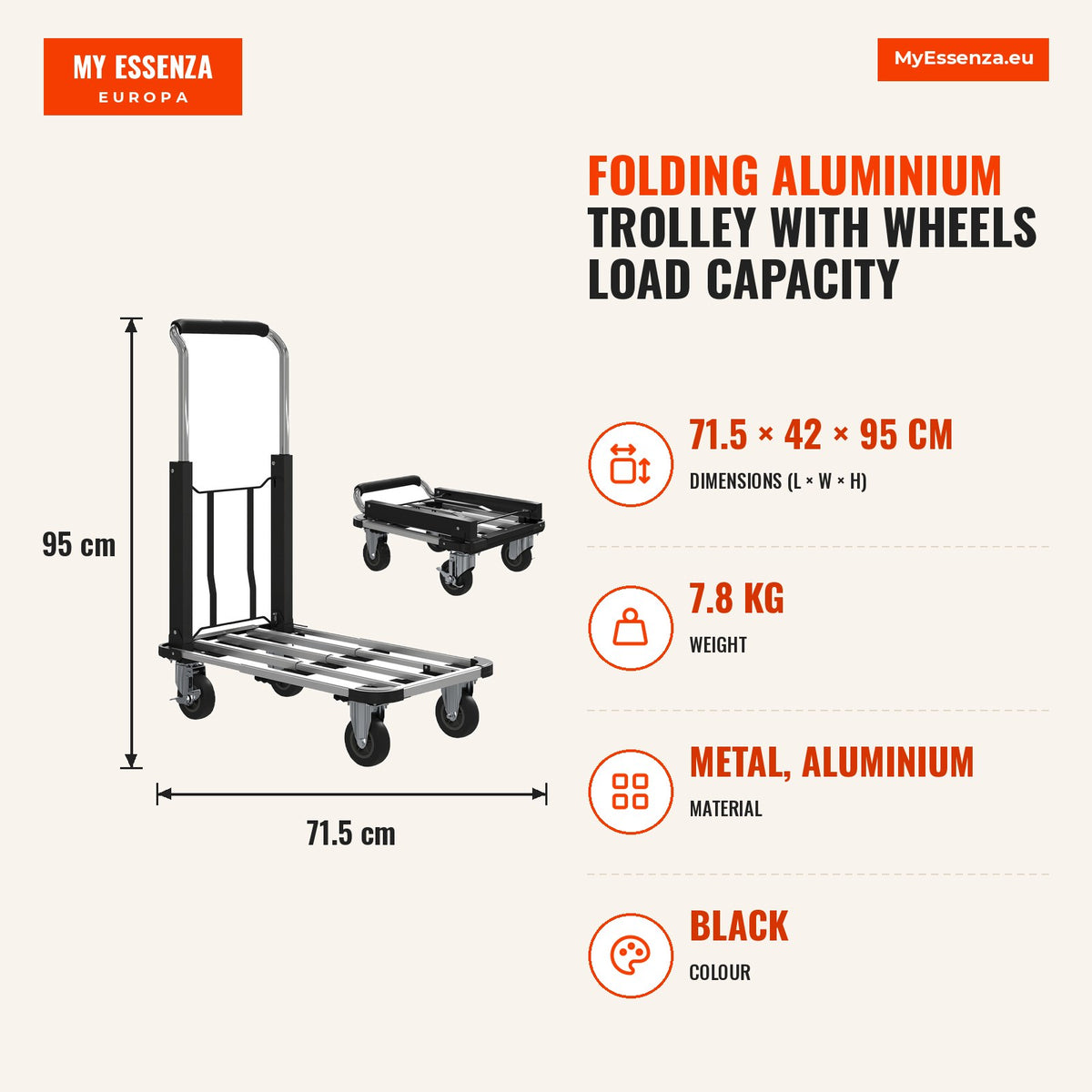 Carro de Transporte Dobrável de Alumínio com Rodas Carga 150 kg Carro de Mão com Plataforma Extensível e Pega Ajustável para Garagem, Escritório Bagag — Infografia | Infographic — dimensions