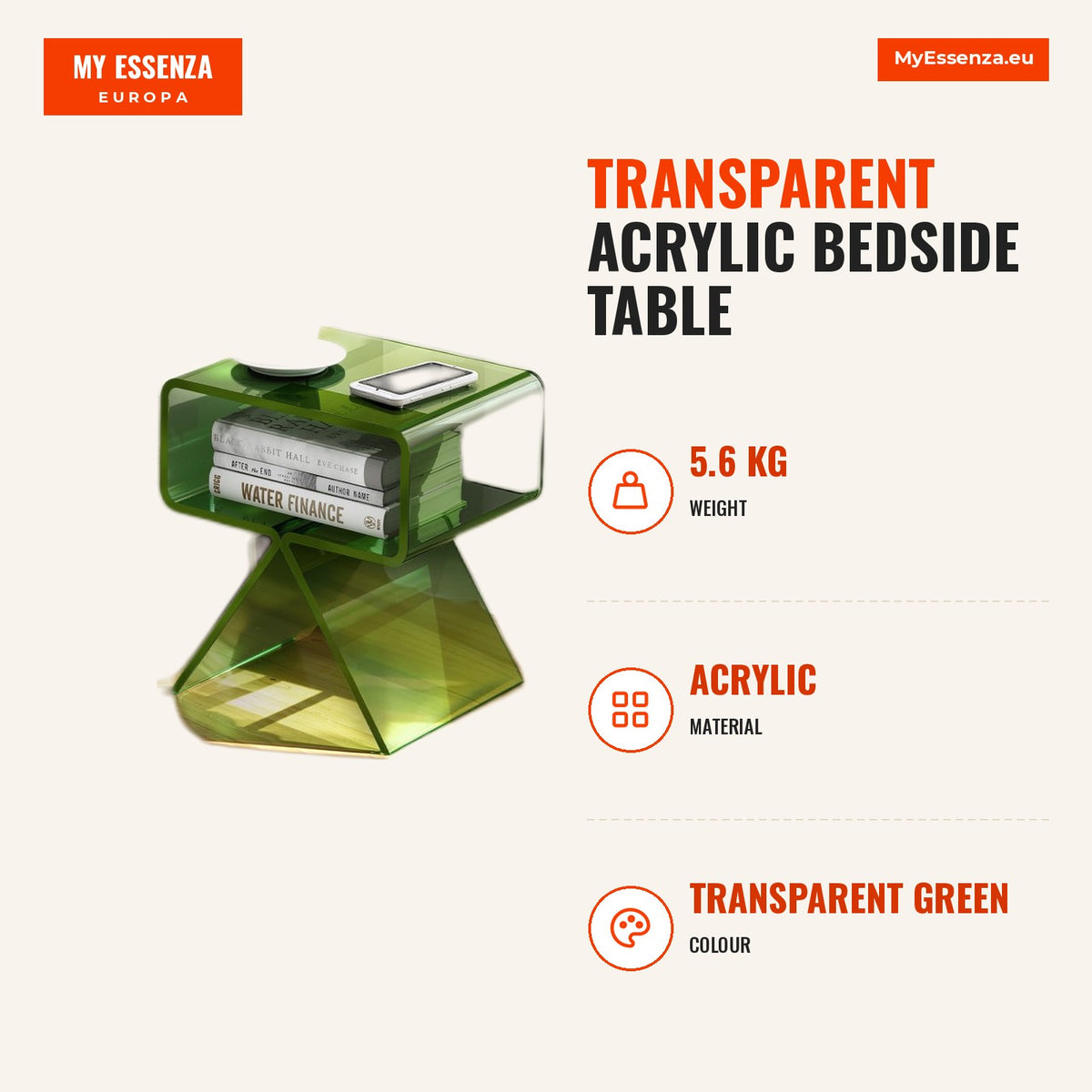 Mesa cabeceira acrílico transparente 30 x 39,1 x 43 cm — Infografia | Infographic — dimensions