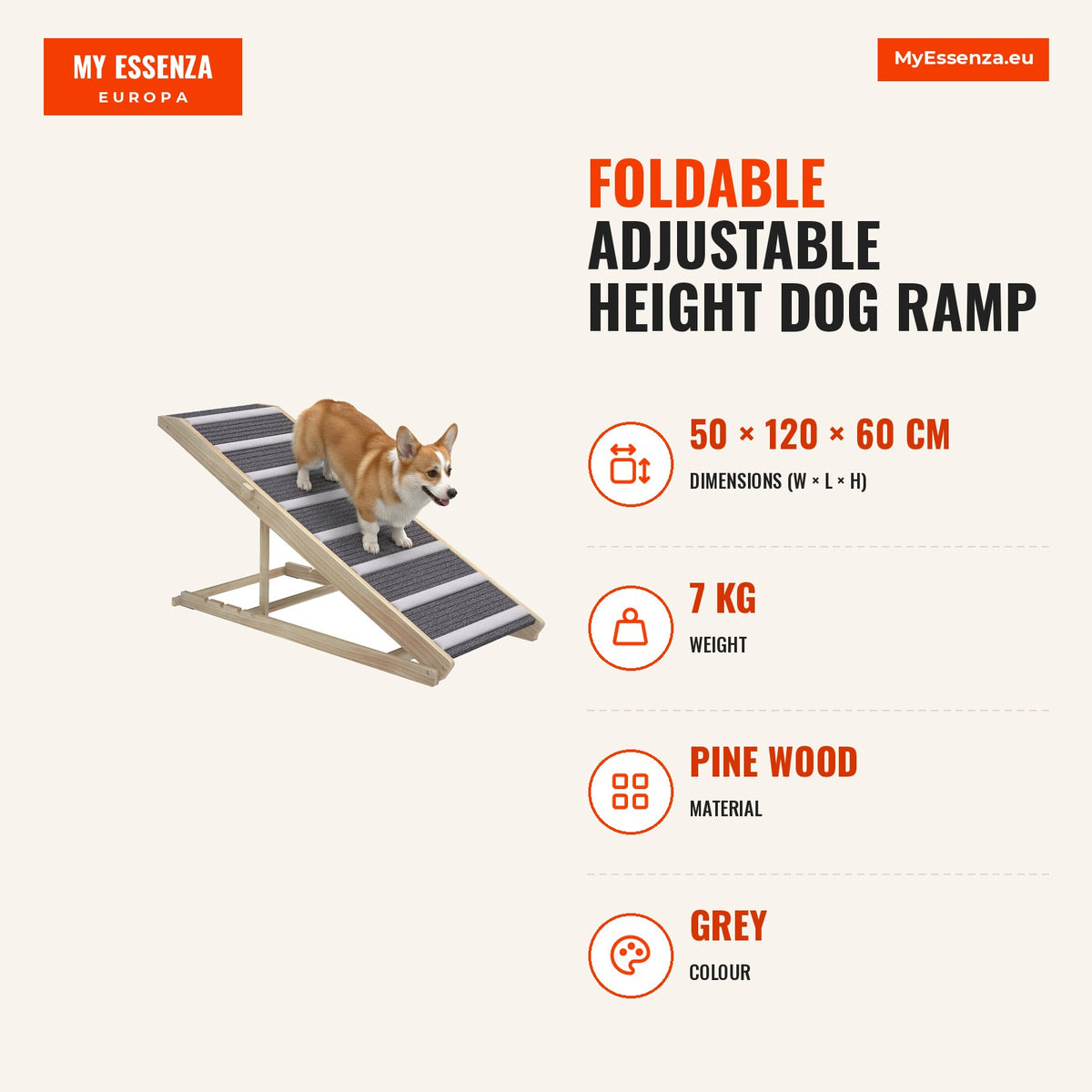 Rampa para Cães Dobrável e com Altura Ajustável 41-60 cm Rampa para Animais de Estimação de Madeira com Tapete Antiderrapante para Cães Pequenos Médio — Infografia | Infographic — dimensions