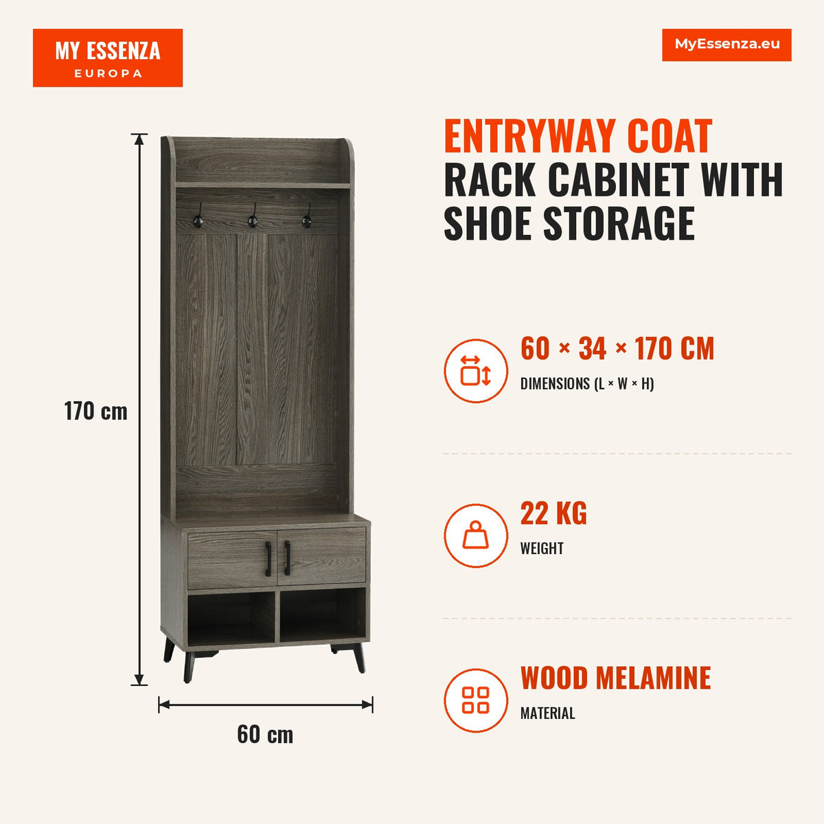 Móvel Cabide de Entrada com Sapateiro Móvel de Entrada com 3 Ganchos 2 Portas 2 Compartimentos e Prateleira de Armazenamento para Corredor 60x34x170 c — Infografia | Infographic — dimensions