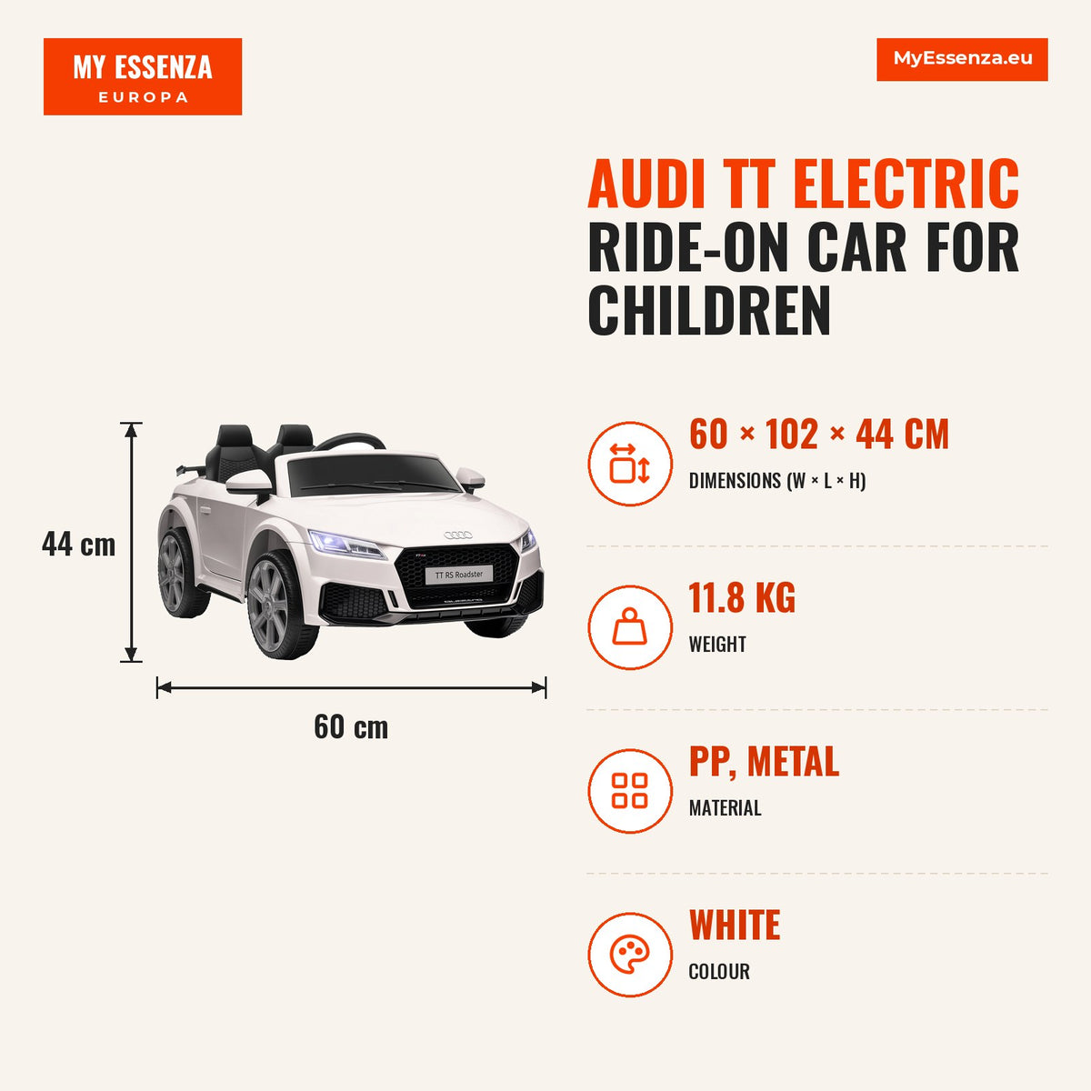 Carro Elétrico Audi TT para Crianças acima de 3 Anos com Controlo Remoto Música e Luzes Bateria 12V Abertura da Porta 102x60x44 cm Branco — Infografia | Infographic — dimensions