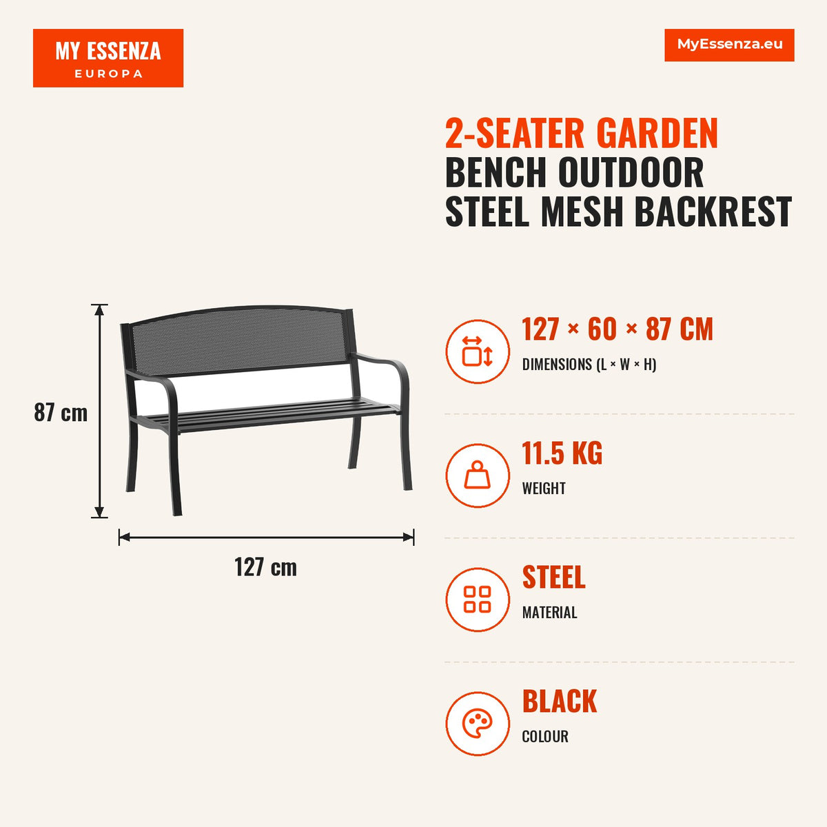 Banco de Jardim de 2 Lugares Banco de Exterior com Encosto de Malha de Aço Carga Máxima 240 kg para Pátio Varanda 127x60x87 cm Preto — Infografia | Infographic — dimensions