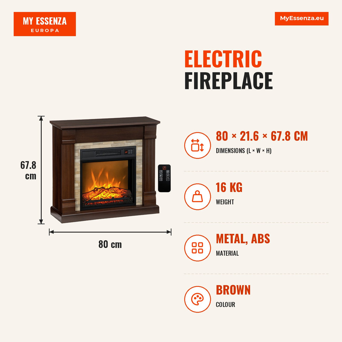 Lareira Elétrica 1800W Lareira com Efeito de Chama Realista Controlo Remoto Temporizador e Proteção Contra Superaquecimento para Ambientes de 30 m² 80 — Infografia | Infographic — dimensions