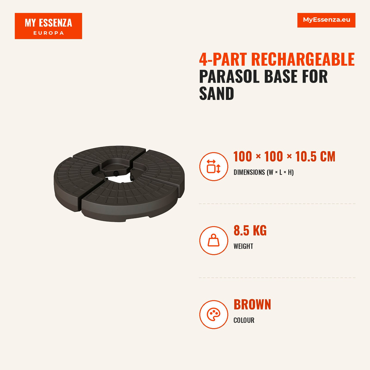 Base para Chapéu de Sol em 4 Partes Recarregável com Areia ou Água Desmontável para Jardim Pátio Ar Livre 100x100x10,5cm Marrom — Infografia | Infographic — dimensions