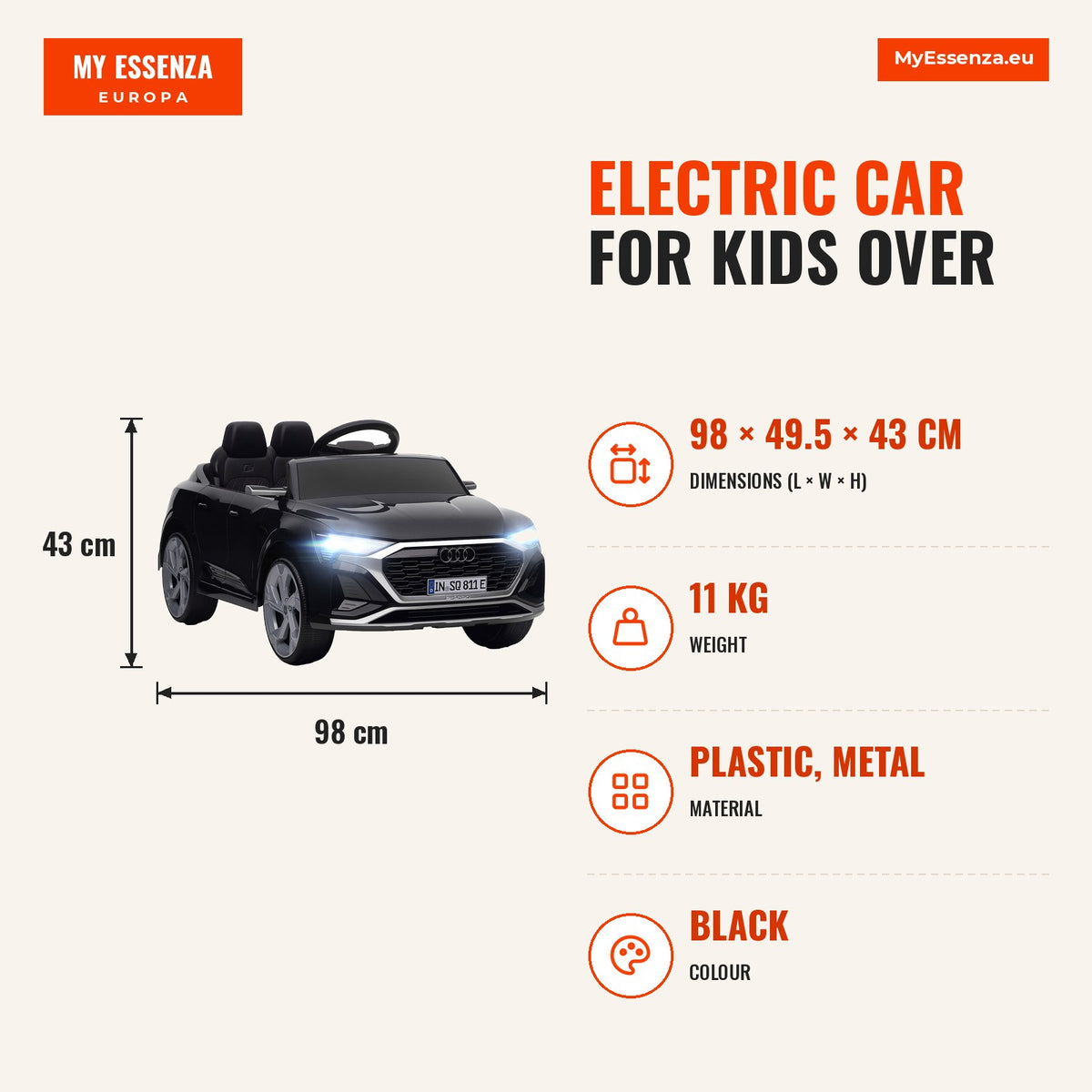Carro Elétrico para Crianças acima de 3 Anos Carro Audi Q8 Etron Sportback Infantil com Bateria 12V Controlo Remoto Faróis Buzina e Música 98x49,5x43  — Infografia | Infographic — dimensions