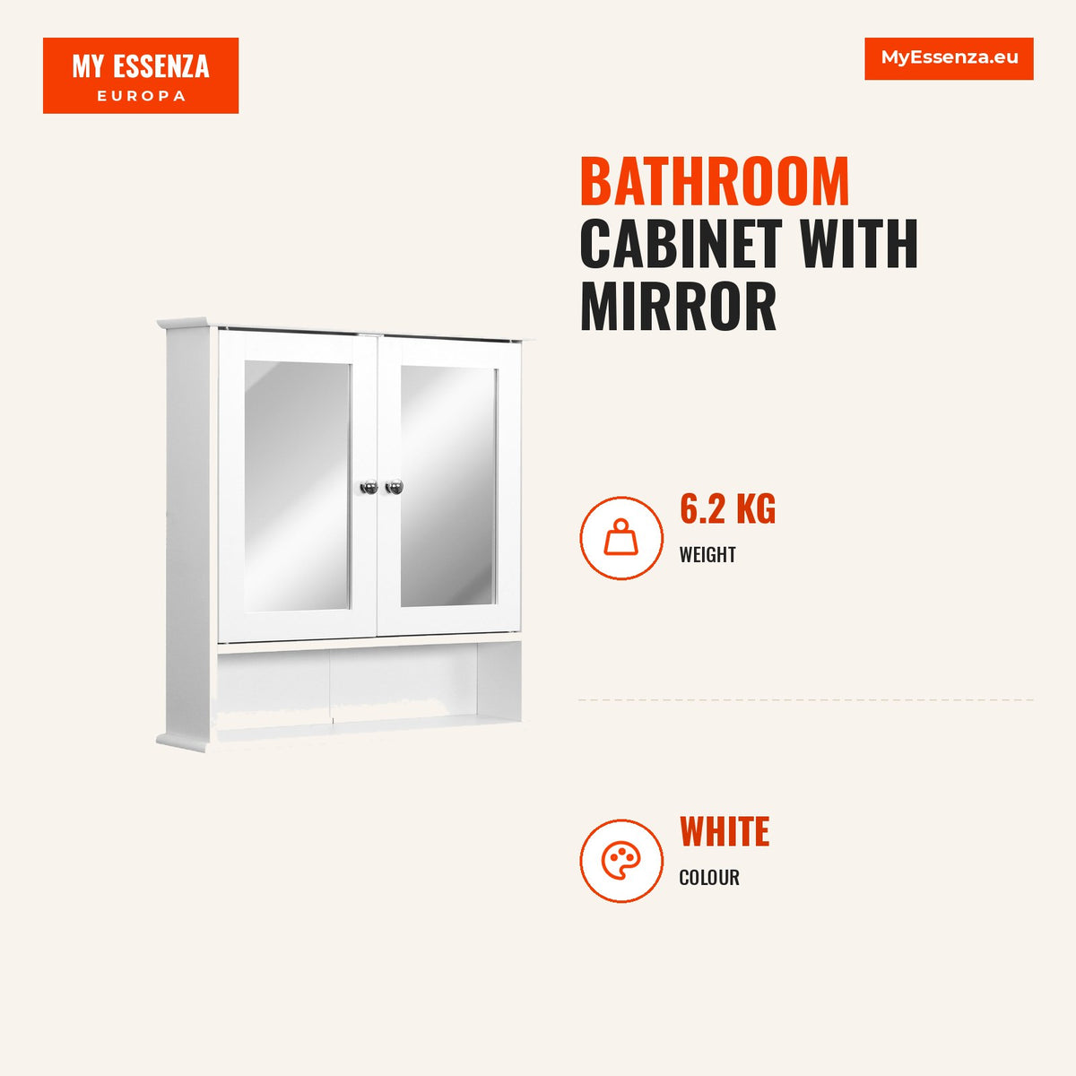 Armário de Casa de Banho com Espelho, Armário de Parede com 2 Portas, Prateleira Aberta, Prateleira Ajustável, Móvel de Parede para Cozinha ou Sala, 5 — Infografia | Infographic — dimensions