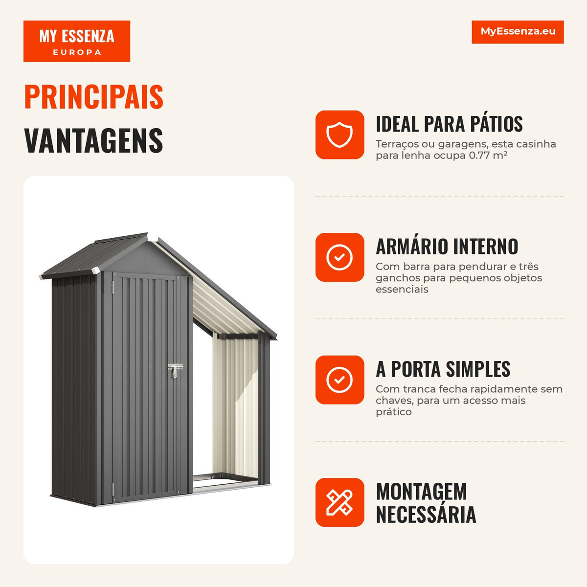 Abrigo para Lenha com Armário 0.77 m² 150x66x162 cm em Aço Galvanizado Cinza Escuro — infografia 1