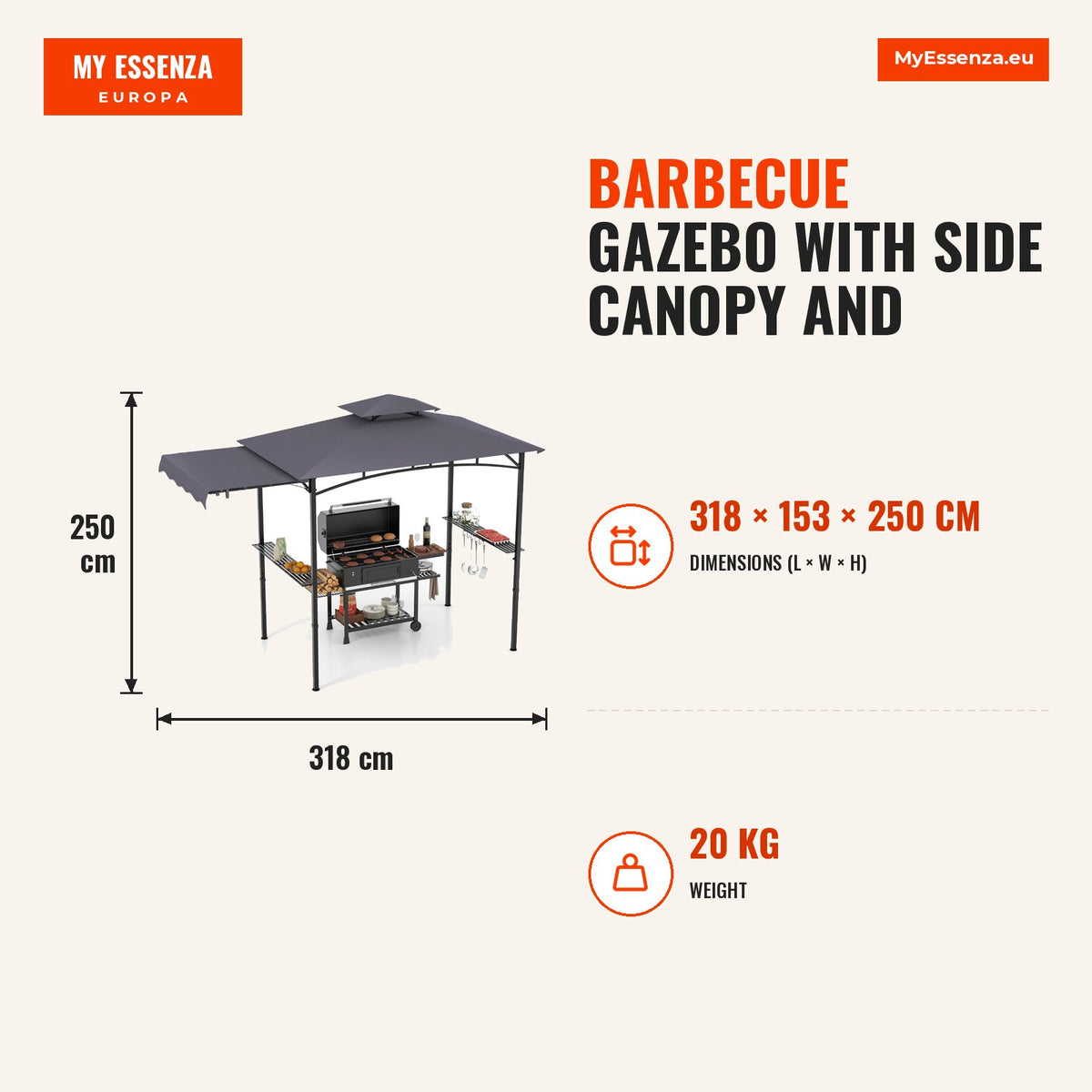 Gazebo para Barbecue com Toldo Lateral e 2 Estantes Laterais em Metal – Cinzento-escuro — Infografia | Infographic — dimensions