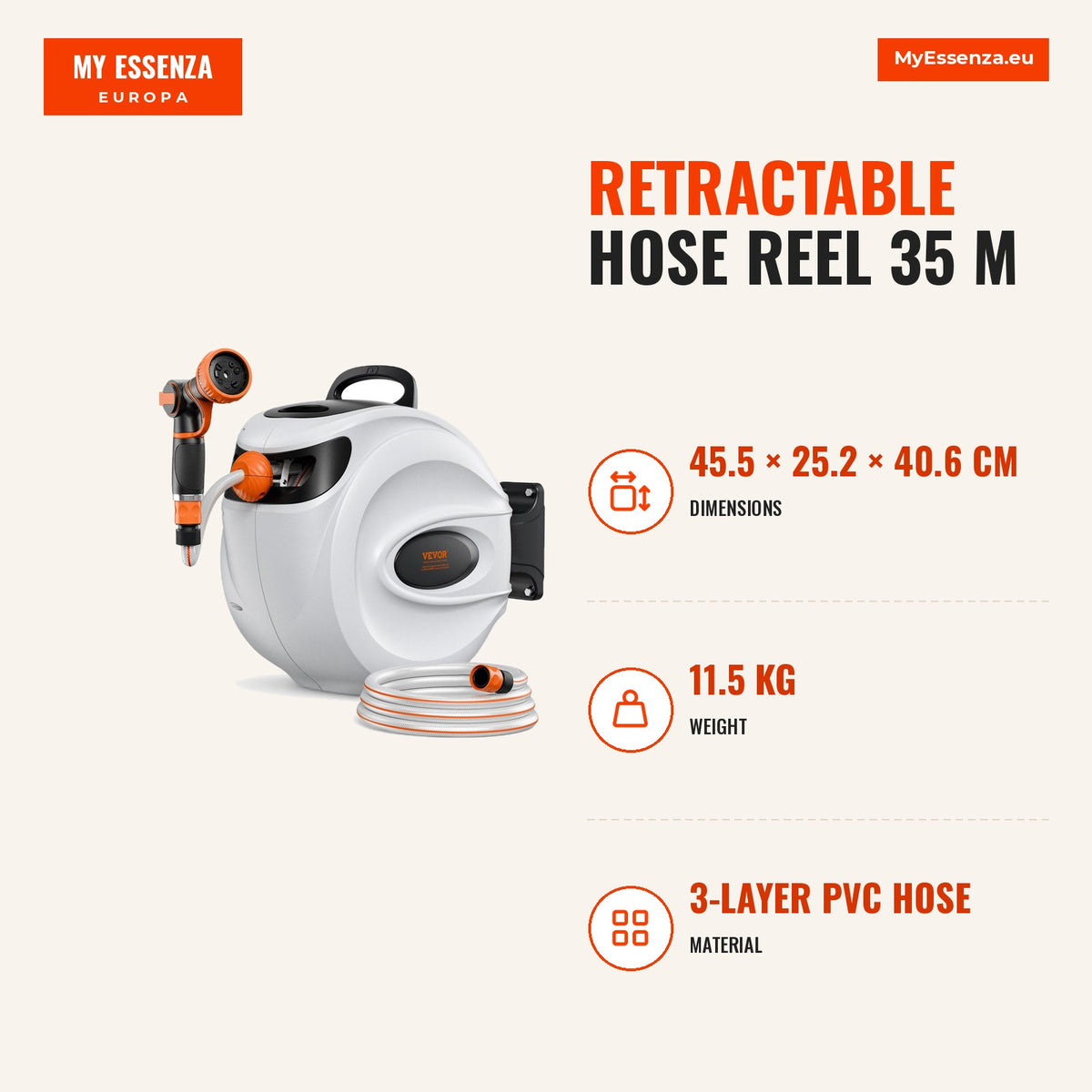 Carretel de Mangueira Retráctil 35 m, 11 mm, Suporte 180° — Infografia | Infographic — dimensions