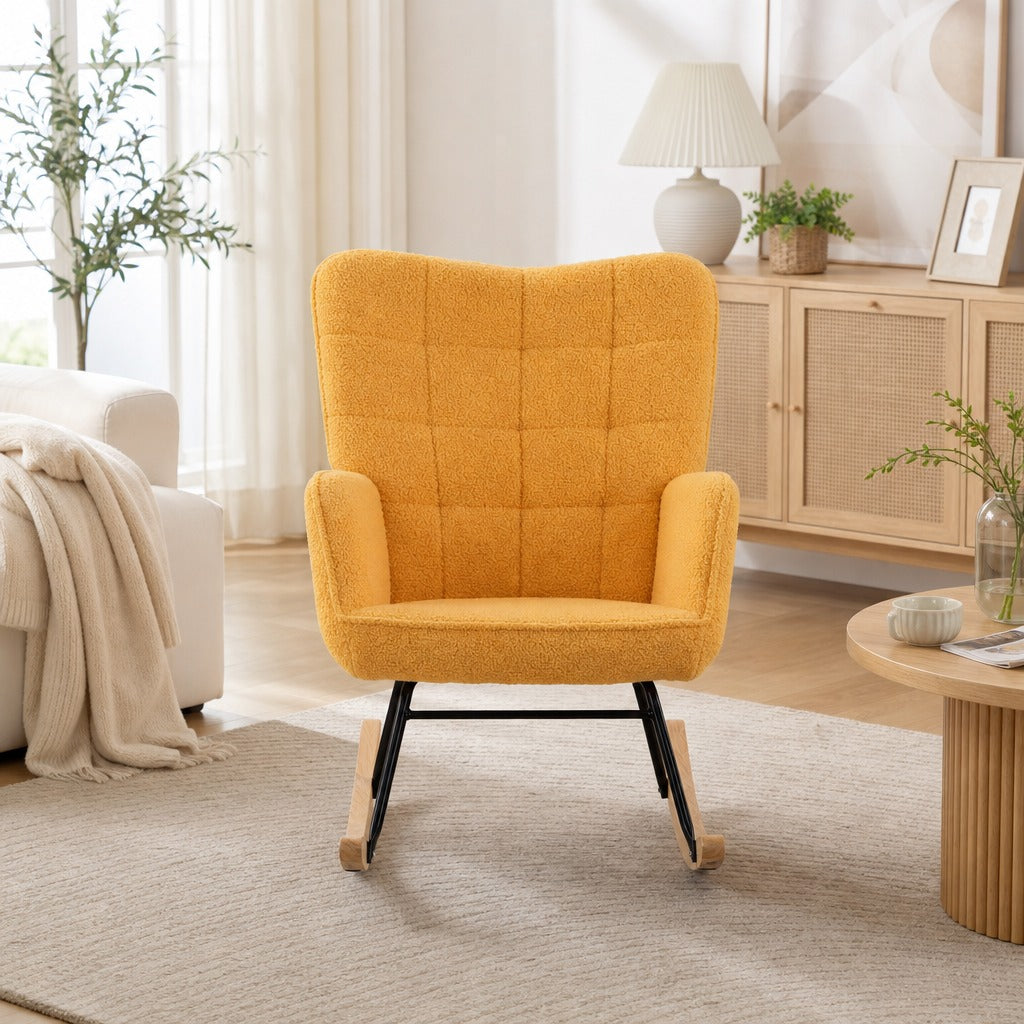Poltrona Baloiço Poltrona de Sala de Estar Oscilação de 40° com Pés de Madeira de Faia e Estrutura de Aço para Dormitório Carga Máxima 120 kg 71x98x101 cm Amarelo — Ambiente | Lifestyle