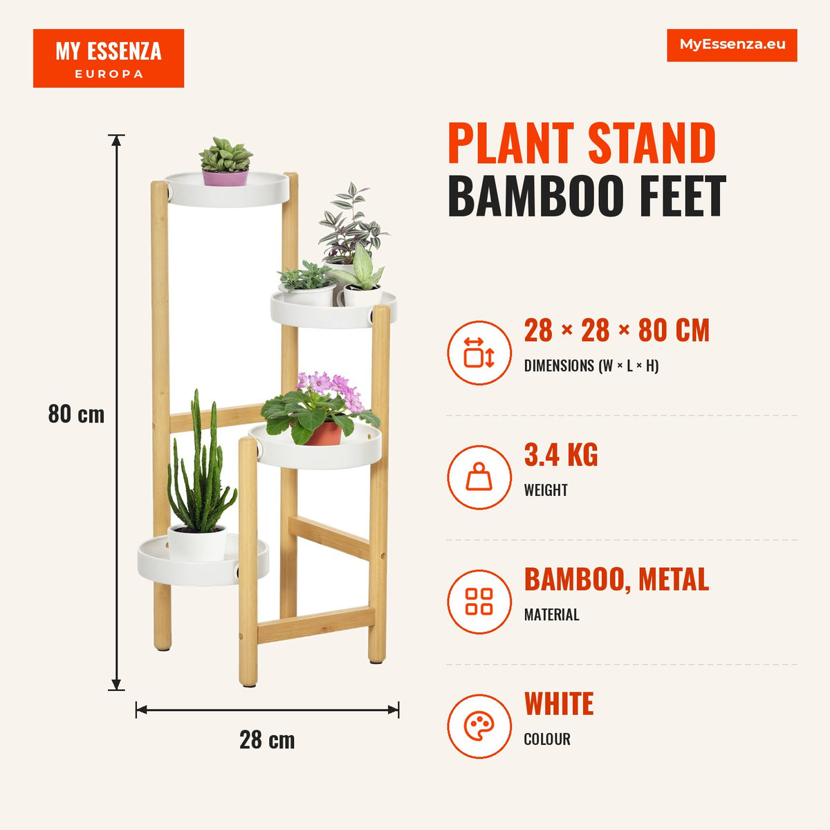 Suporte para Plantas Prateleira para Plantas com Pés de Bambu Estante para Flores com 4 Prateleiras Redondas Carga Máxima 20 kg para Interior e Exteri — Infografia | Infographic — dimensions