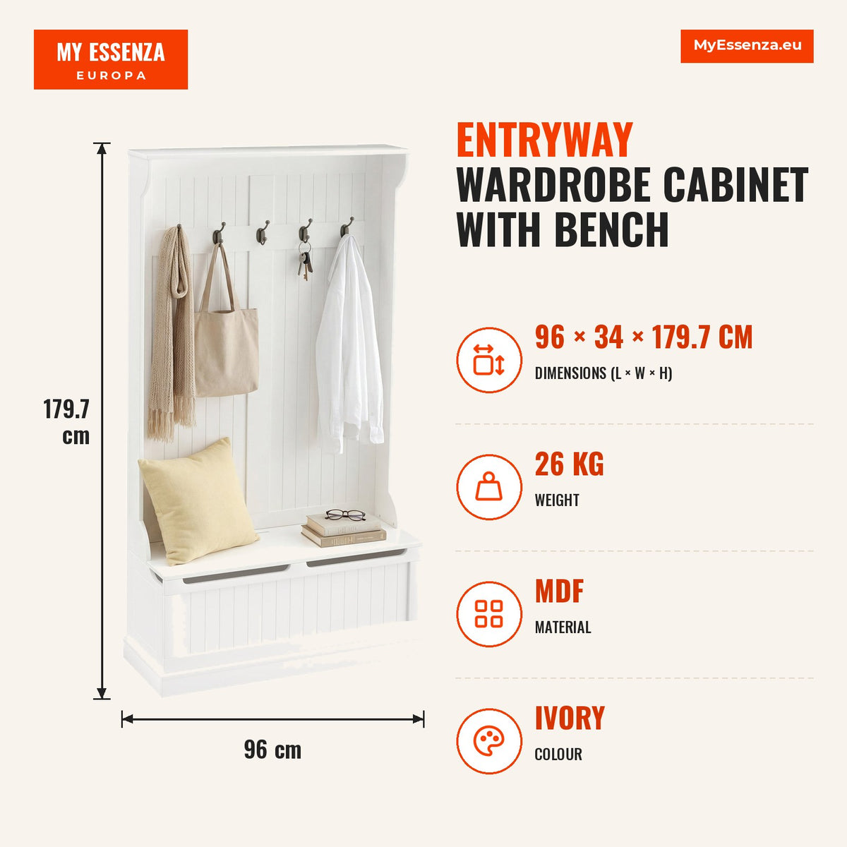 Móvel Cabide de Entrada com Banco Armário de Entrada com Cabide 5 Ganchos e Espaço de Armazenamento 96x34x179,7cm Marfim — Infografia | Infographic — dimensions