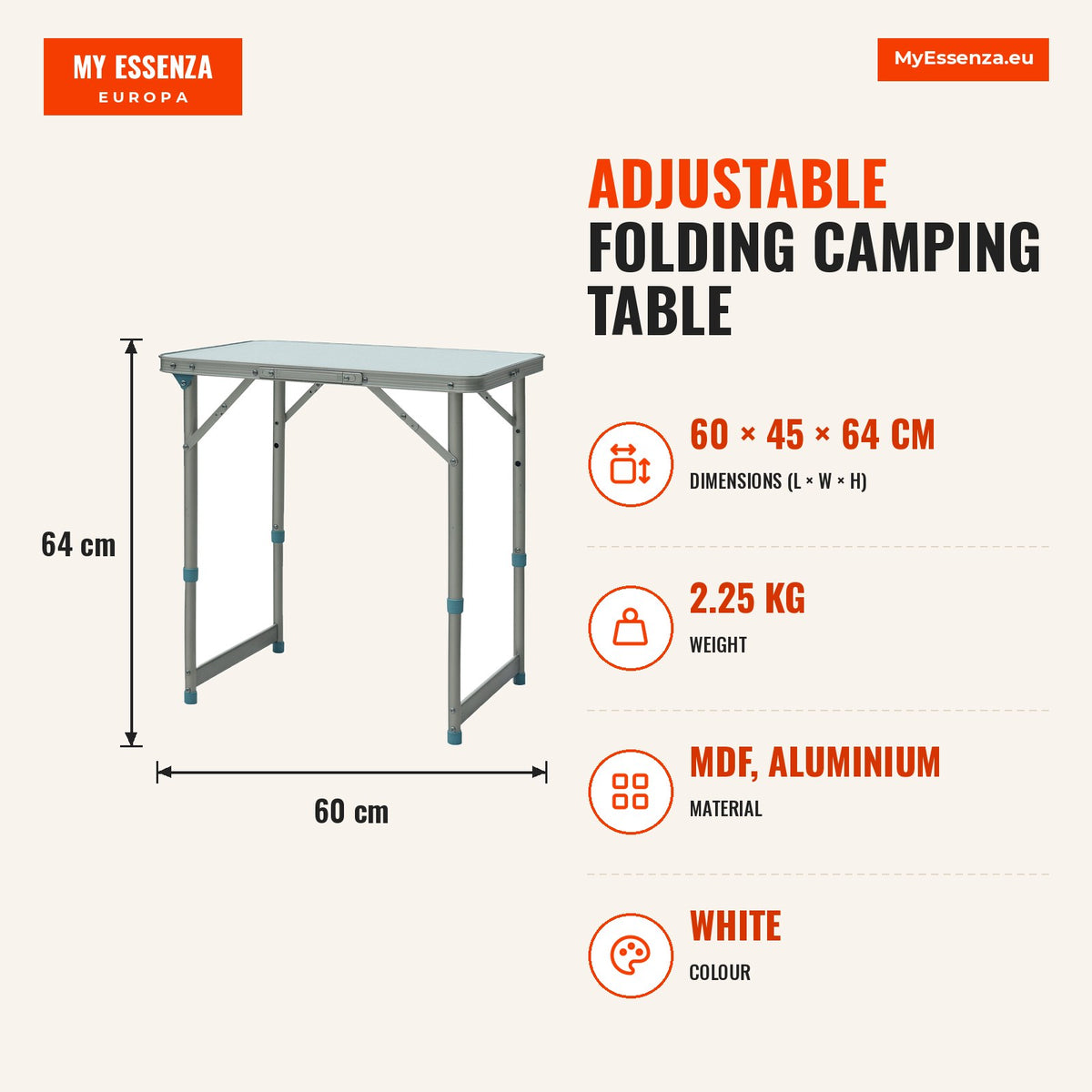 Mesa de Campismo Dobrável e Ajustável de 47,5 a 64 cm - Cor: Branco - Alumínio e MDF - 60 x 45 x 64 cm — Infografia | Infographic — dimensions
