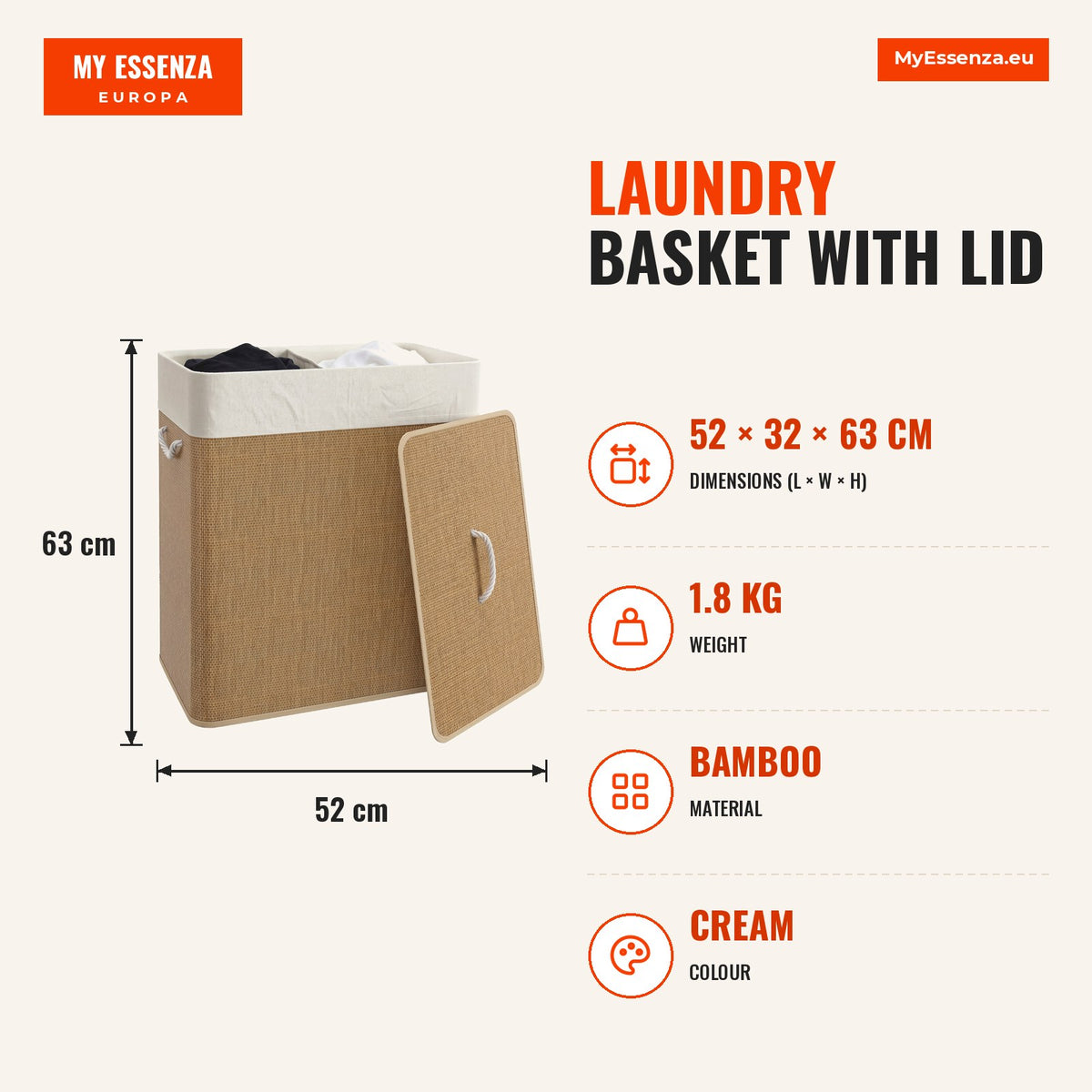 Cesto de Roupa com Tampa 100L Cesto para Roupa Suja de Bambu com 2 Compartimentos Bolsa Interior Amóvivel para Lavandaria Casa de Banho 52x32x63 cm Ma — Infografia | Infographic — dimensions