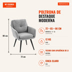 Poltrona de destaque moderna, estofada, com pernas de metal, visual linho, Cinza claro — infografia 1