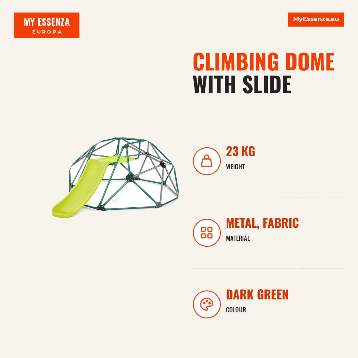 Cúpula de Escalada com Escorregador Capacidade 181 kg Parque Infantil Interior Exterior Verde — Infografia | Infographic — dimensions