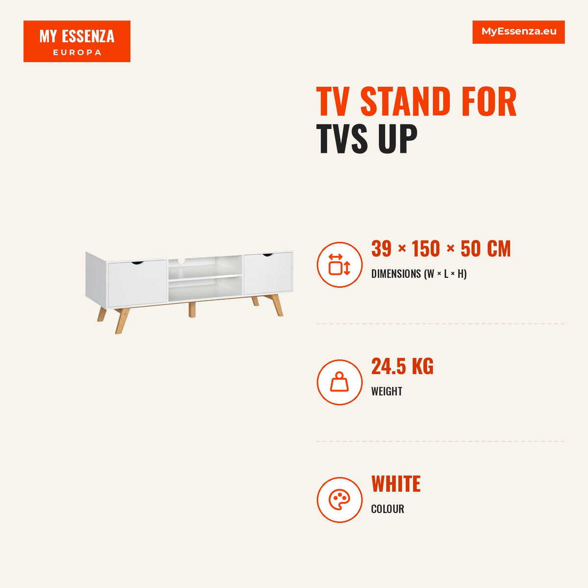 Móvel de TV para Televisores de até 65 Polegadas Móvel de TV com 2 Armários Prateleiras Abertas Puxador Oco Pés de Madeira de Borracha e Orifício Pass — Infografia | Infographic — dimensions