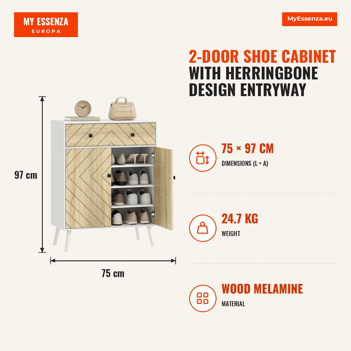 Sapateira de 2 Portas com Design em Espiga Sapateira para Entrada com Prateleiras Ajustáveis Gaveta para 12 Pares de Sapatos 75x35x97 cm Branco e Made — Infografia | Infographic — dimensions