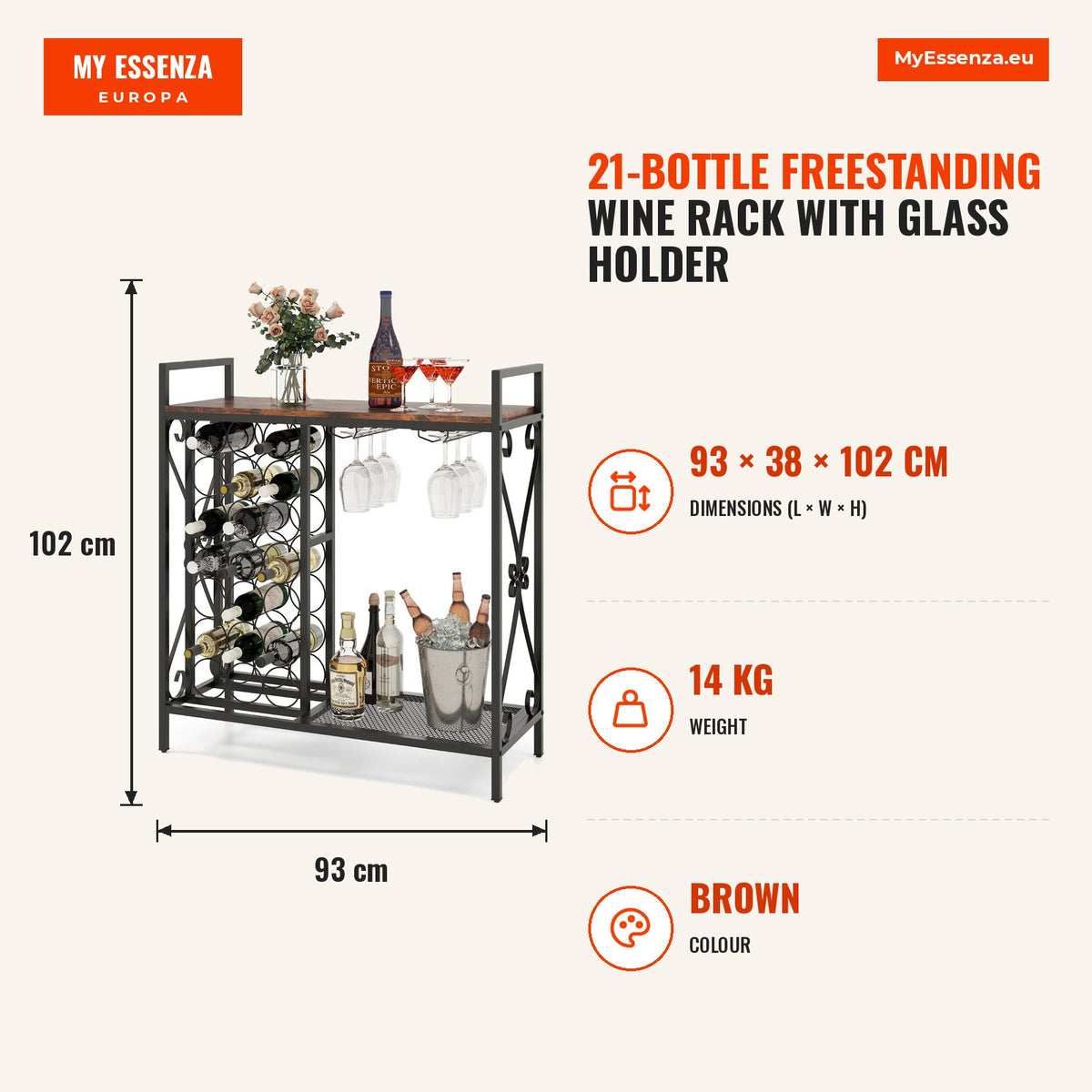 Adega de Vinho 21 Garrafas Independente com Suporte para Copos e Tampo de Madeira 93x38x102cm — Infografia | Infographic — dimensions