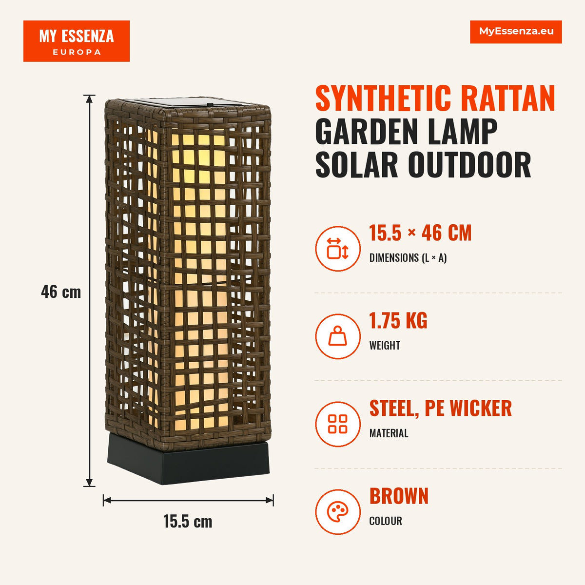 Candeeiro de Jardim de Vime Sintético Candeeiro Solar de Exterior com Luzes LED Ligar/Desligar Automático para Varanda Pátio 15,5x15,5x46 cm Marrom Ar — Infografia | Infographic — dimensions