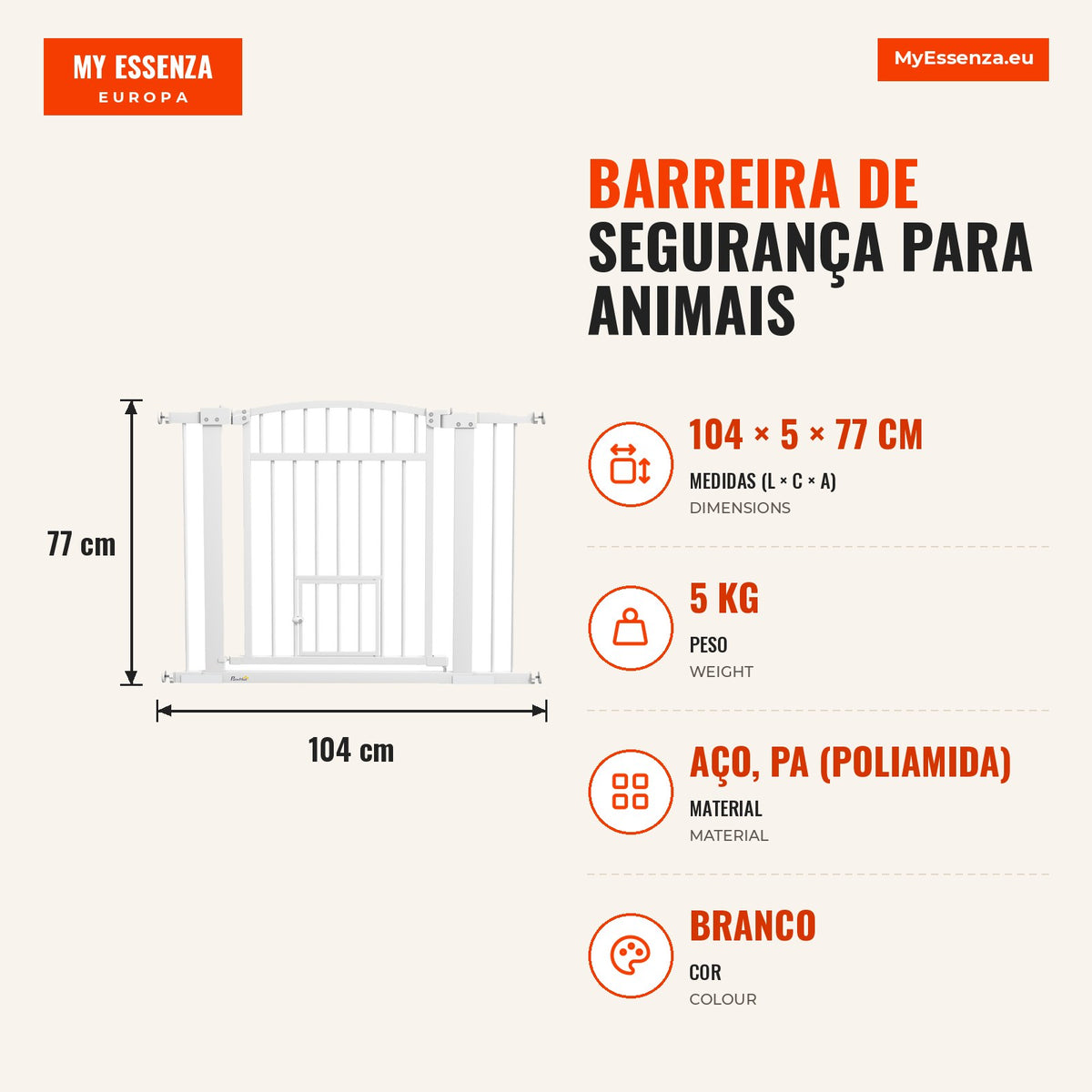 Barreira de Segurança para Animais 76-104 cm Trava Dupla Montagem por Pressão ou Parafusos Branco — infografia 1