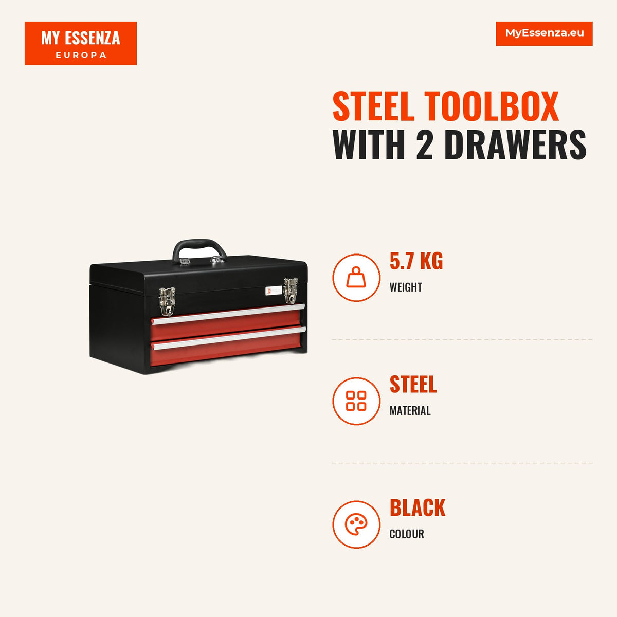 Caixa de Ferramentas de Aço com 2 Gavetas Tampa Abatível e Fechaduras Metálicas Mala de Ferramentas Portátil para Oficina Bricolage Casa 46x24x22 cm P — Infografia | Infographic — dimensions
