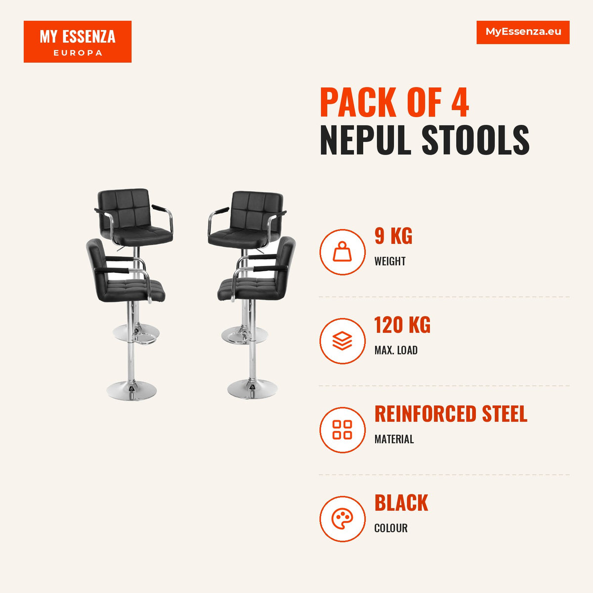 Pack 4 Bancos Nepul — Preto — Infografia | Infographic — dimensions